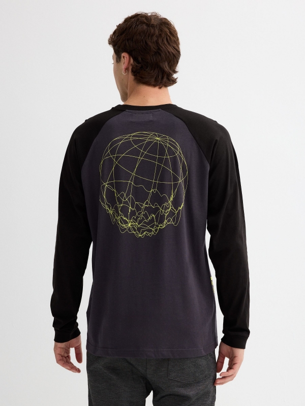 Long sleeve raglan graphic grey T-shirt dark grey middle back view