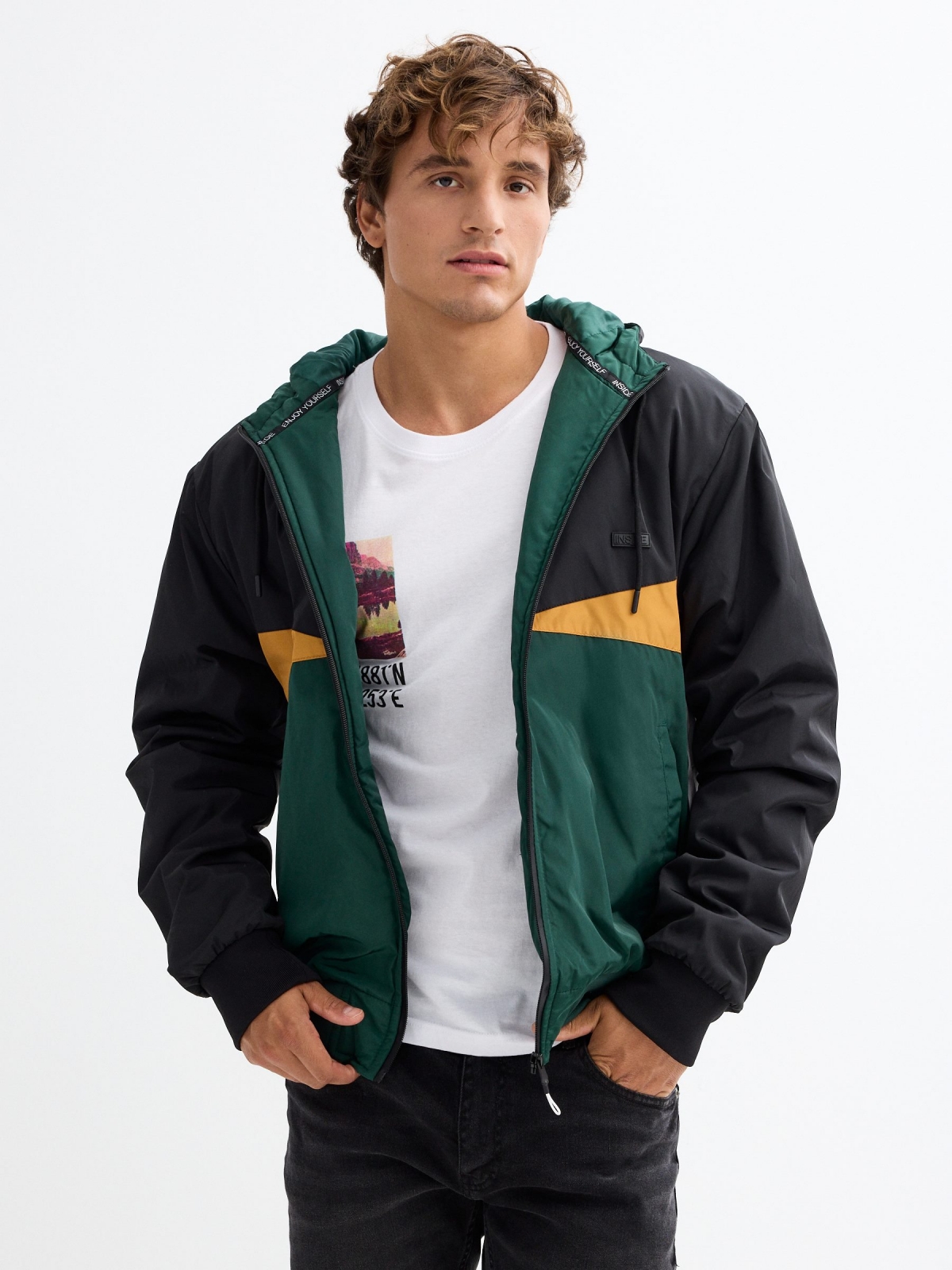 Hooded Color Block Padded Jacket dark green middle front view