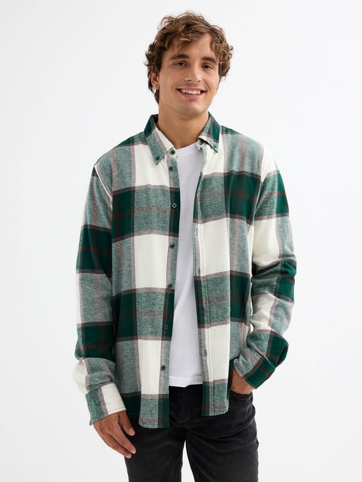 Checked flannel shirt beige middle front view