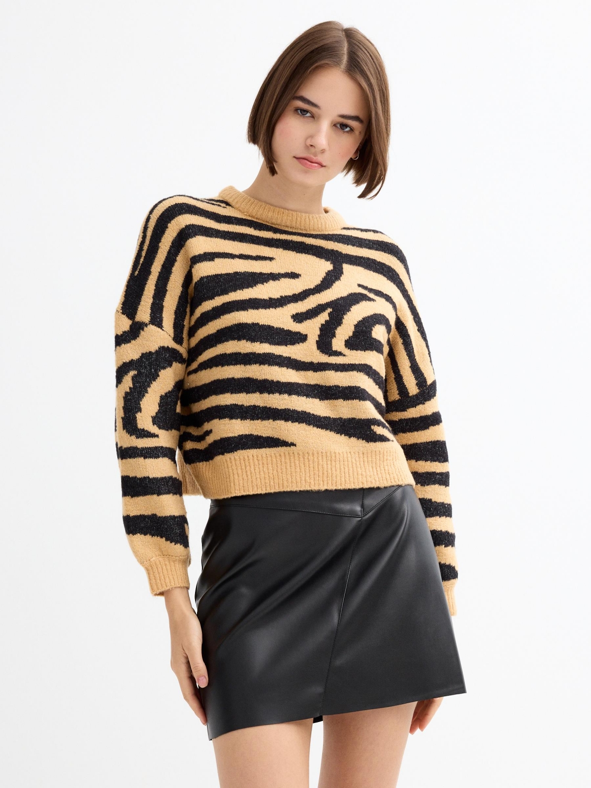 Animal print sweater beige middle front view