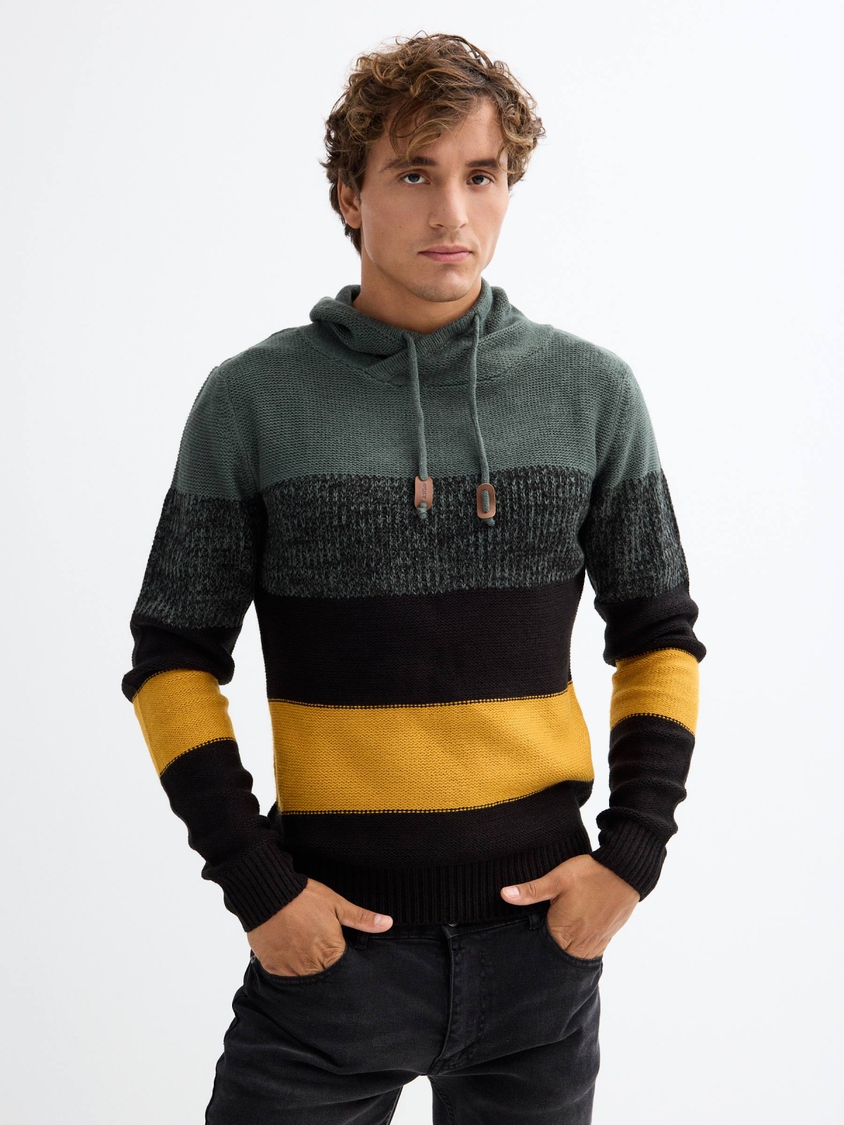 Striped jumper with laces black middle front view