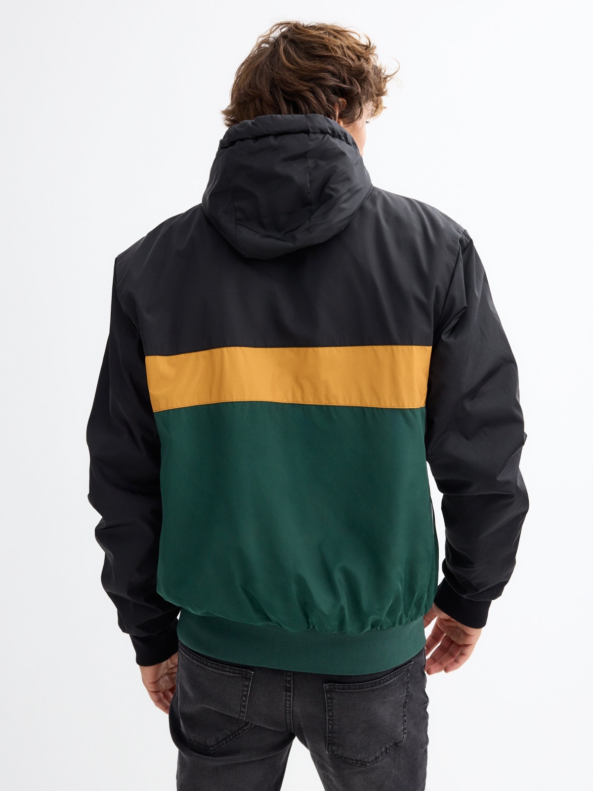 Hooded Color Block Padded Jacket dark green middle back view