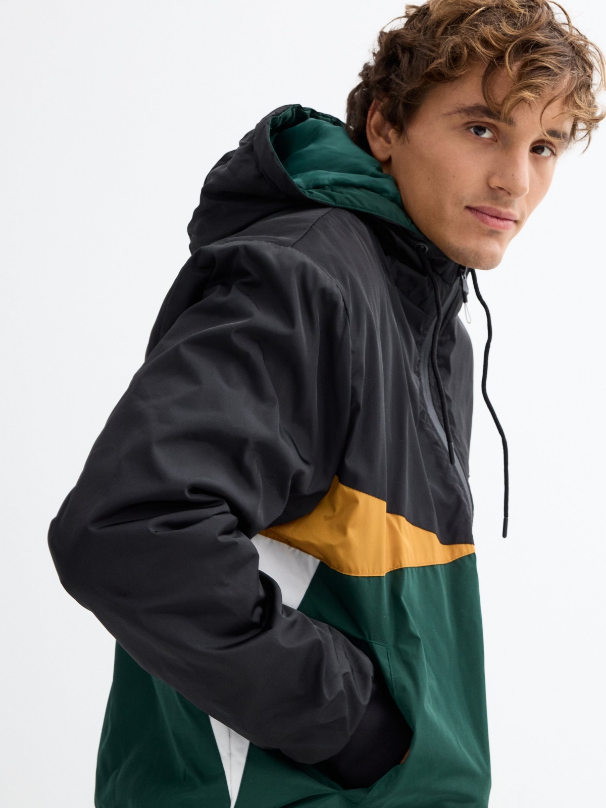 Hooded Color Block Padded Jacket dark green detail view