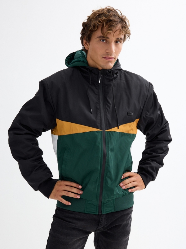 Hooded Color Block Padded Jacket dark green detail view