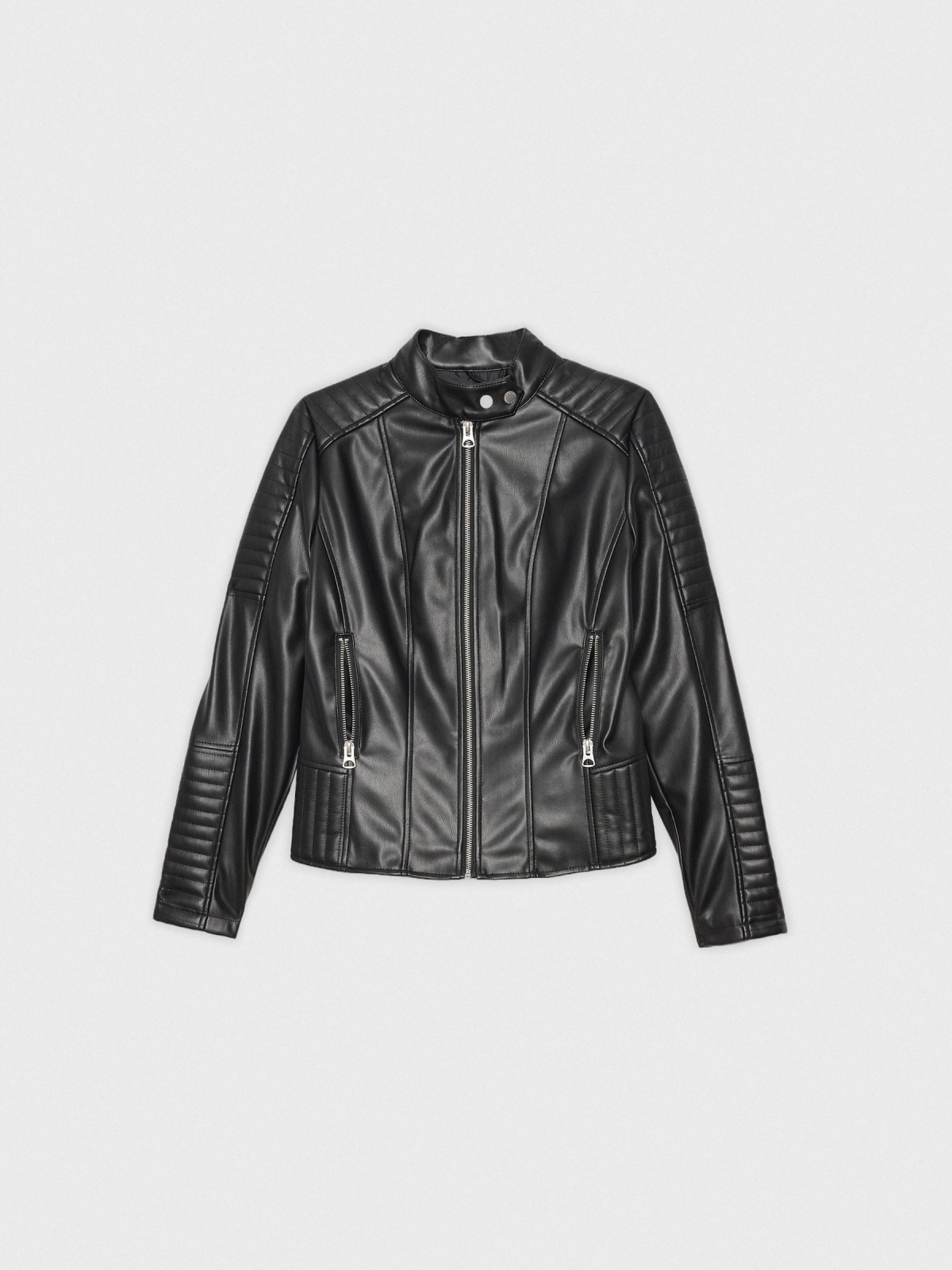  Leather effect biker jacket black front view