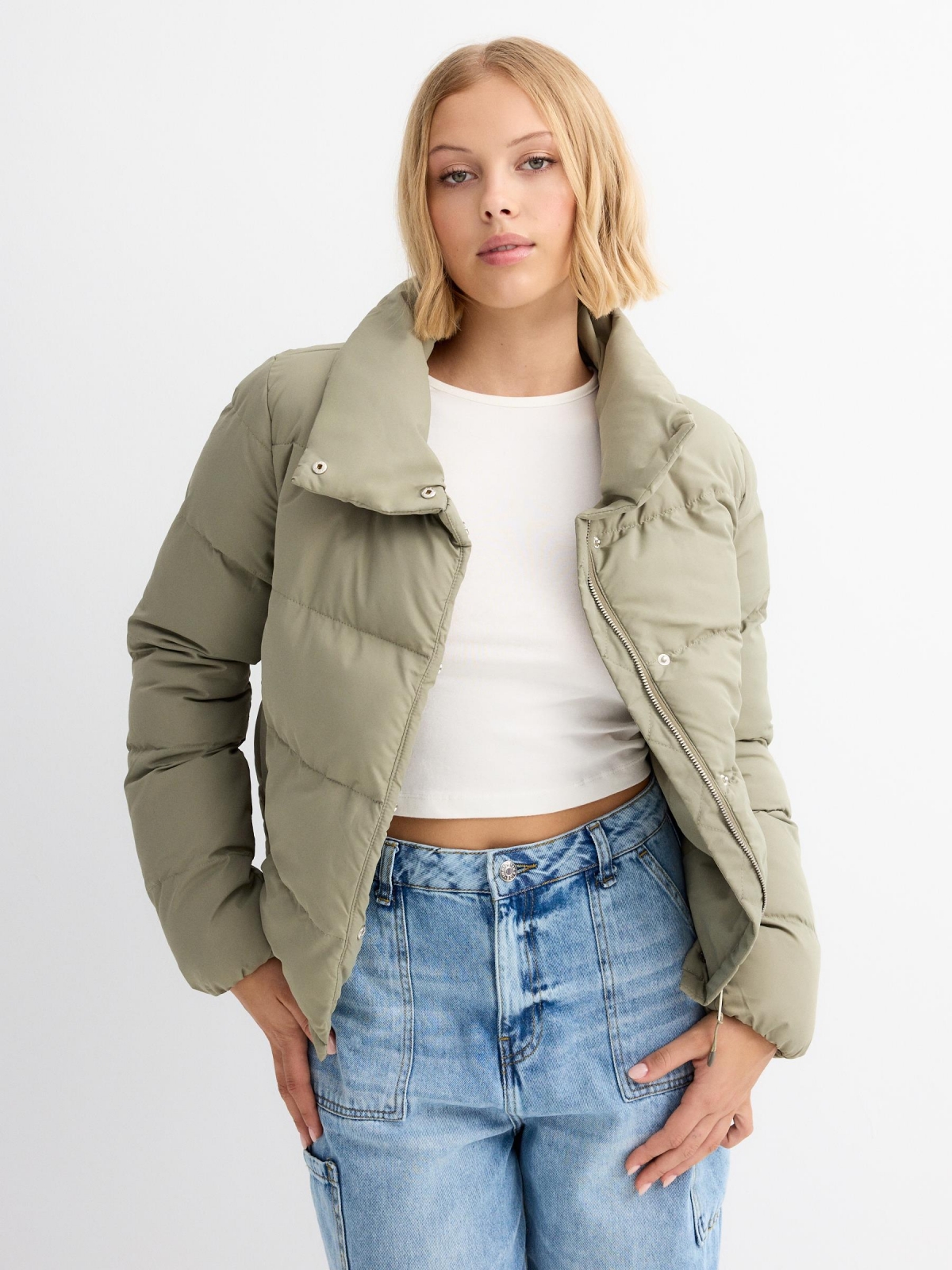 High neck padded jacket khaki middle front view