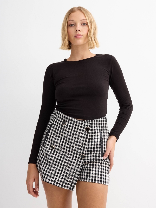 Skort de tweed com botões preto vista meia frontal