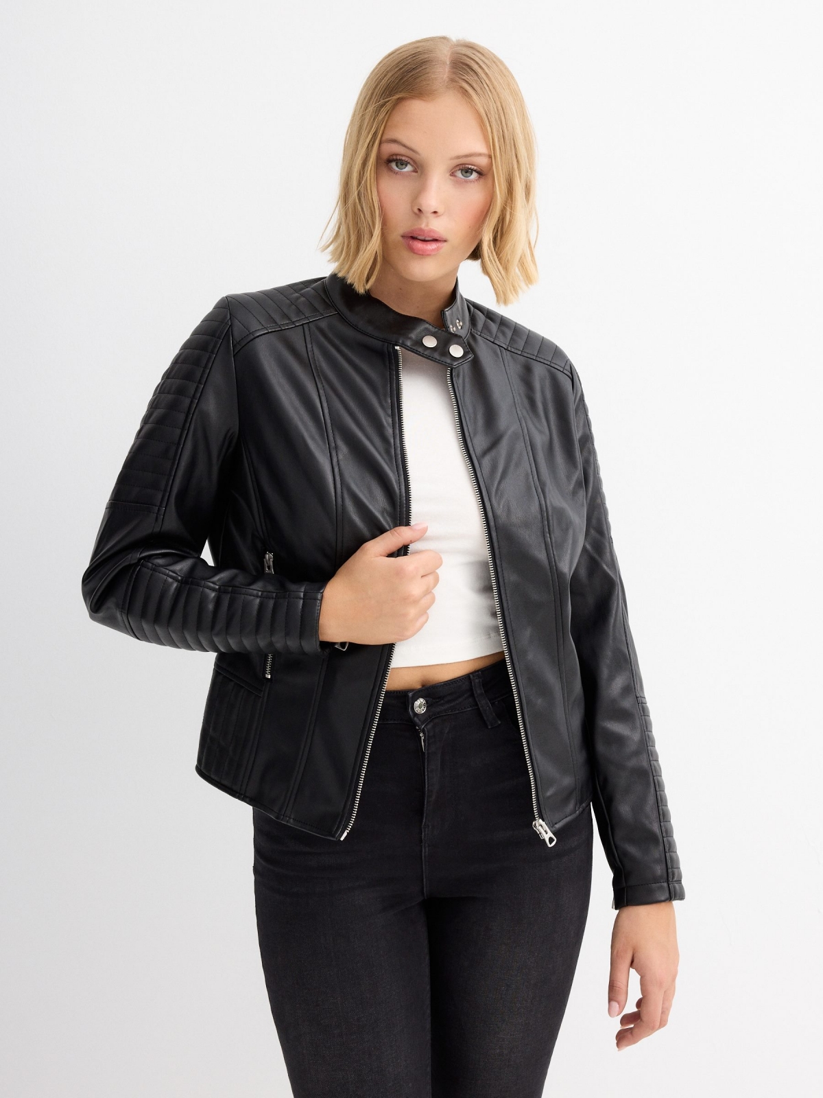 Leather effect biker jacket black middle front view