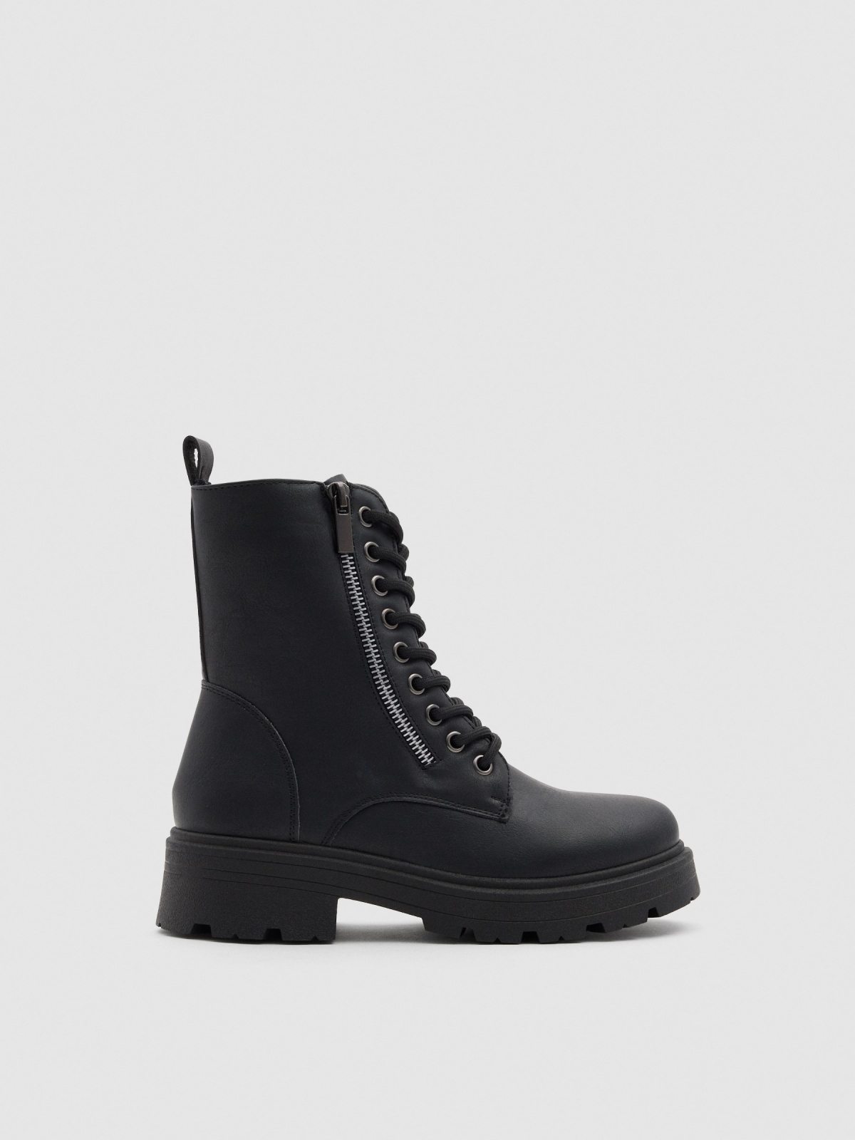 Black military boot with track sole black profile view