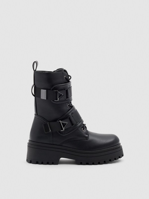 Black military boot with buckles black profile view