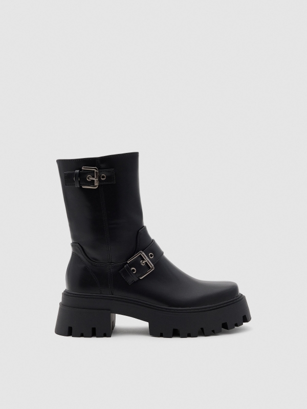 Black buckled platform boot black profile view