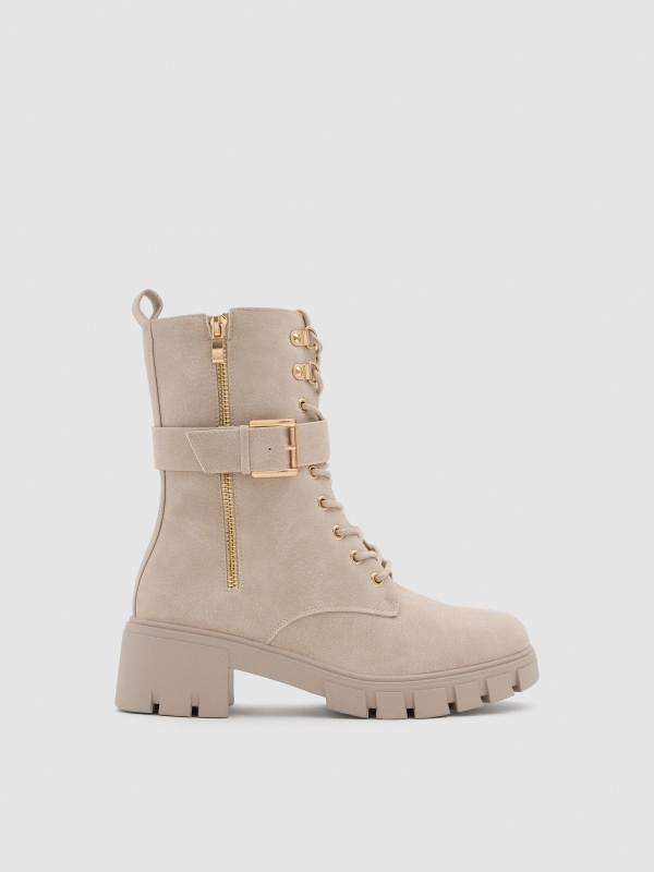 Beige lace-up ankle boot with buckle raw profile view