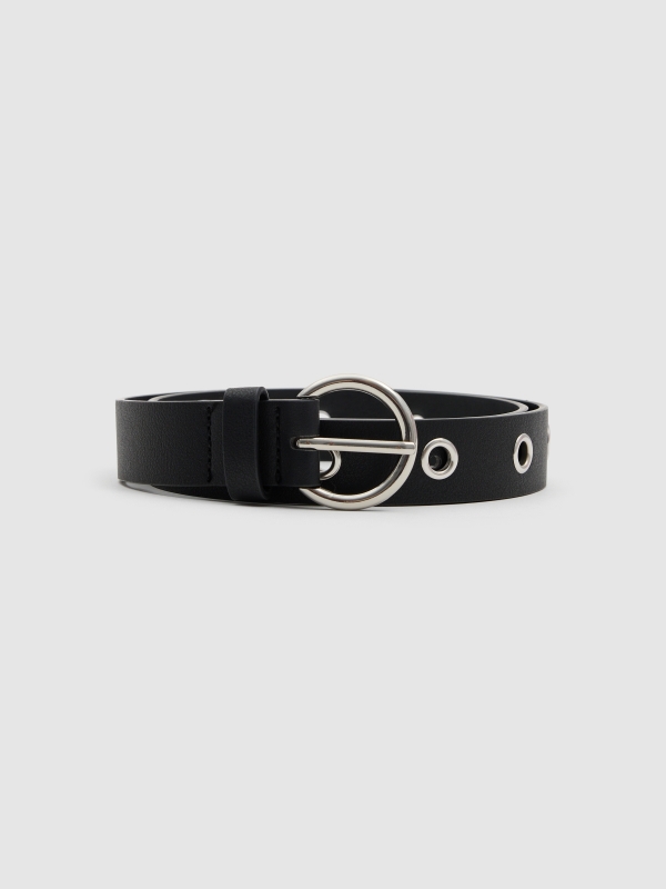 White leatherette belt eyelets black rolled-up