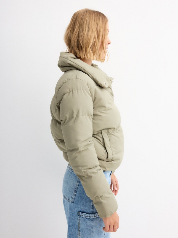 High neck padded jacket khaki detail view