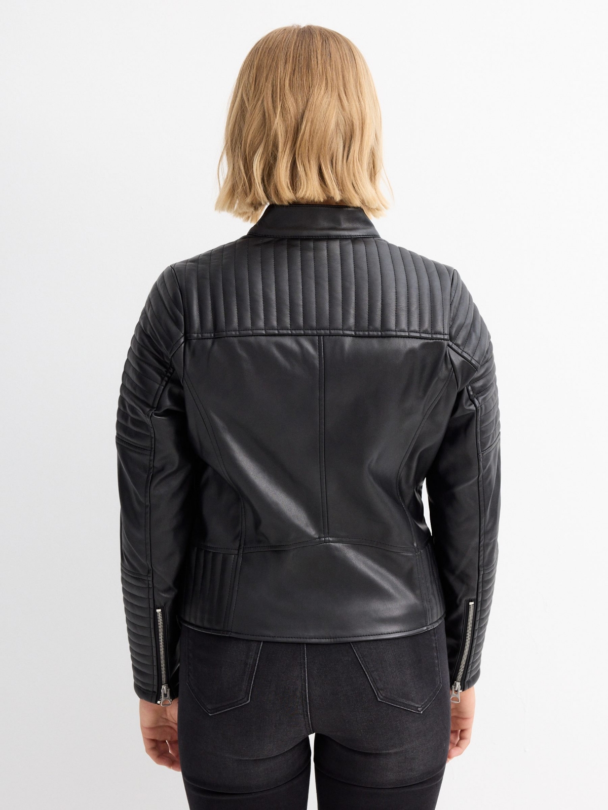 Leather effect biker jacket black middle back view