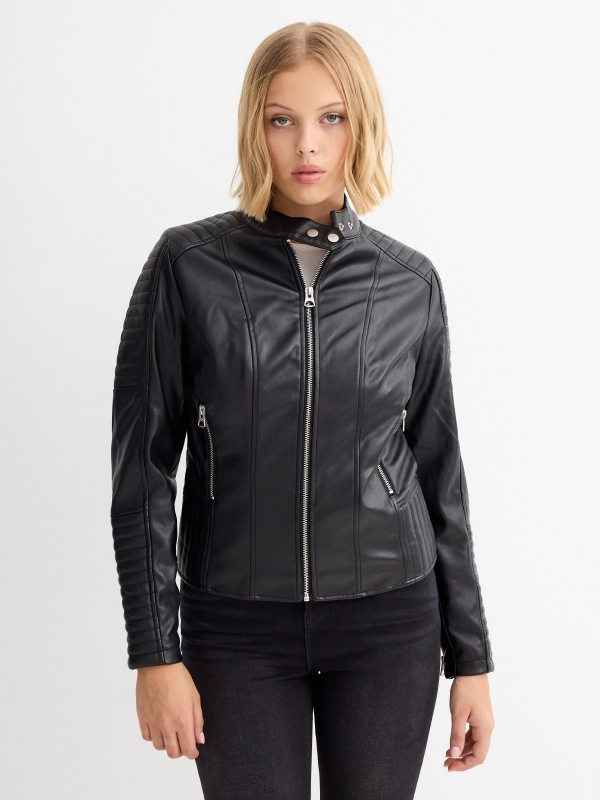 Leather effect biker jacket black detail view