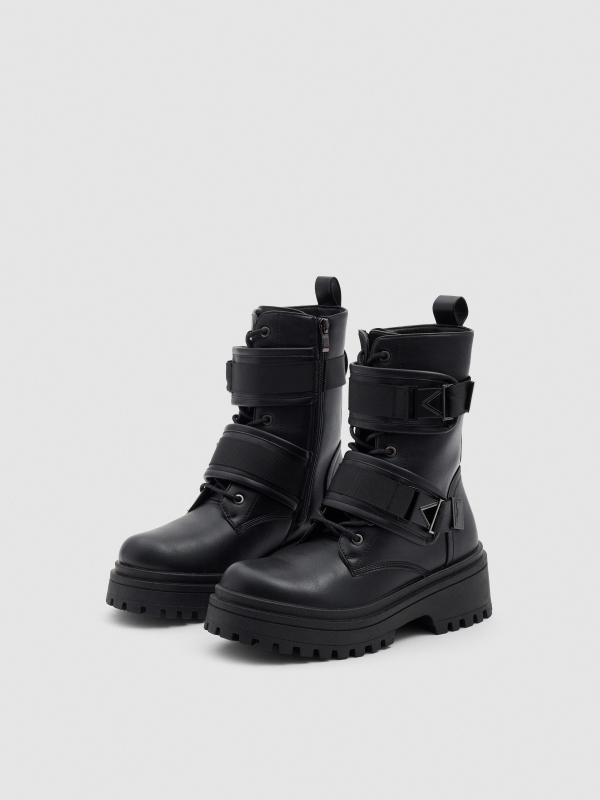 Black military boot with buckles black 45º front view