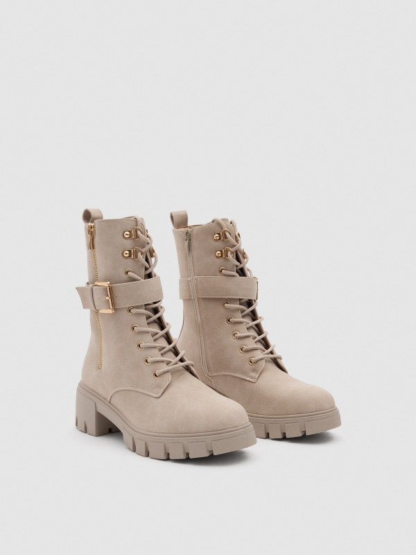 Beige lace-up ankle boot with buckle raw 45º front view