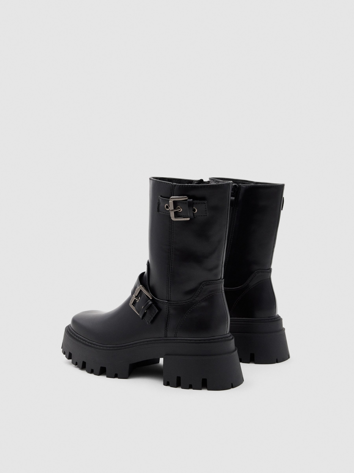 Black buckled platform boot black 45º back view