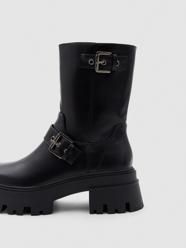 Black buckled platform boot black detail view