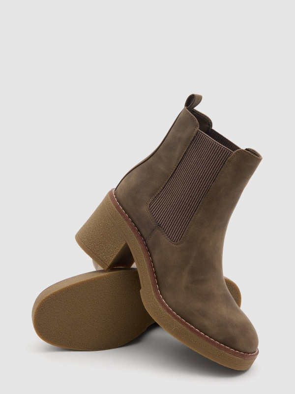 Brown elasticated wide heel ankle boots beige detail view