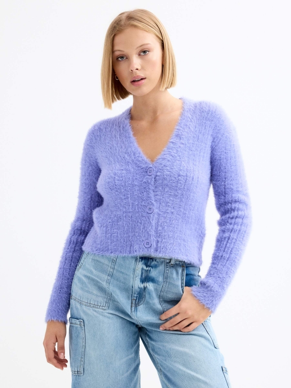 Fur-effect knitted cardigan lilac middle front view