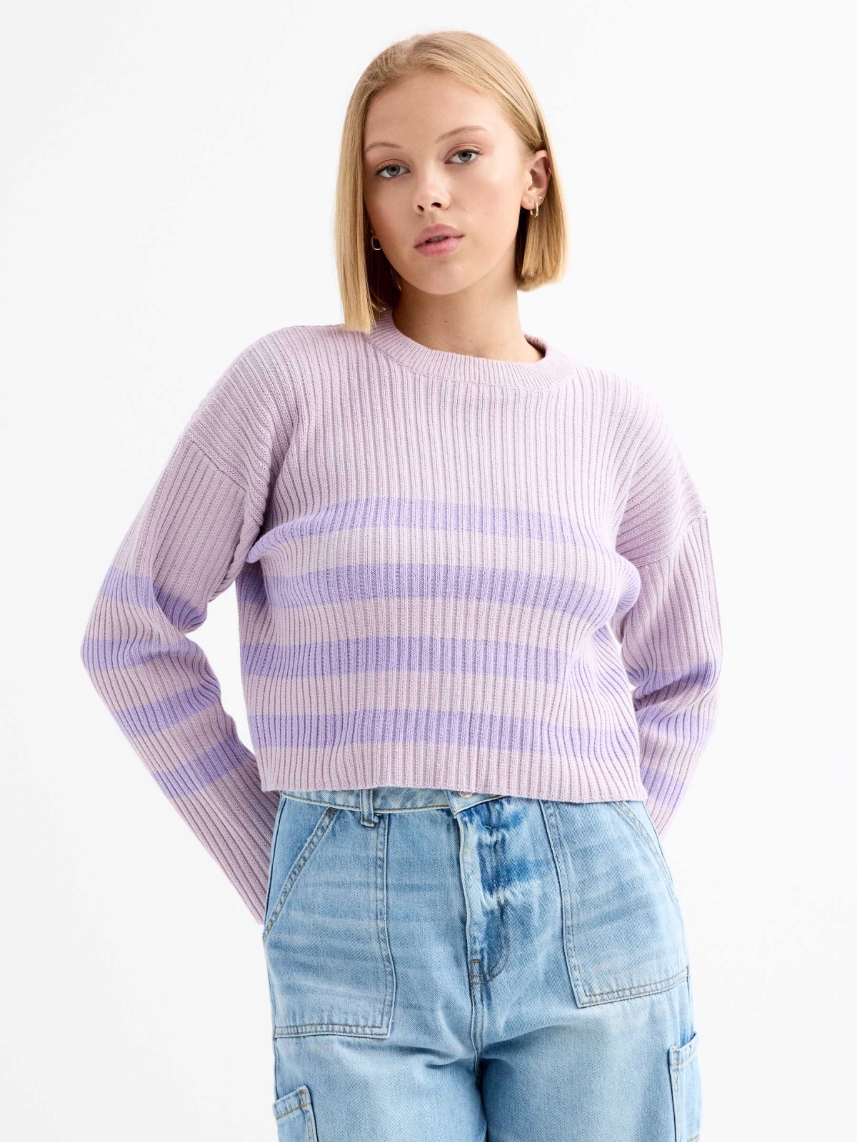 Oversized striped sweater mauve middle front view