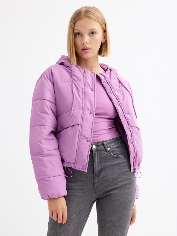 Quilted coat with hood purple middle front view