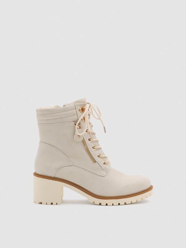 Beige lace-up heeled boots beige profile view