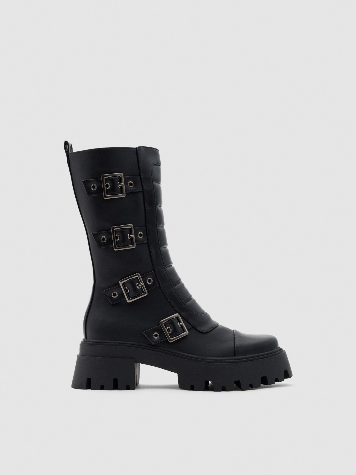 Mid-calf boot with buckles black profile view