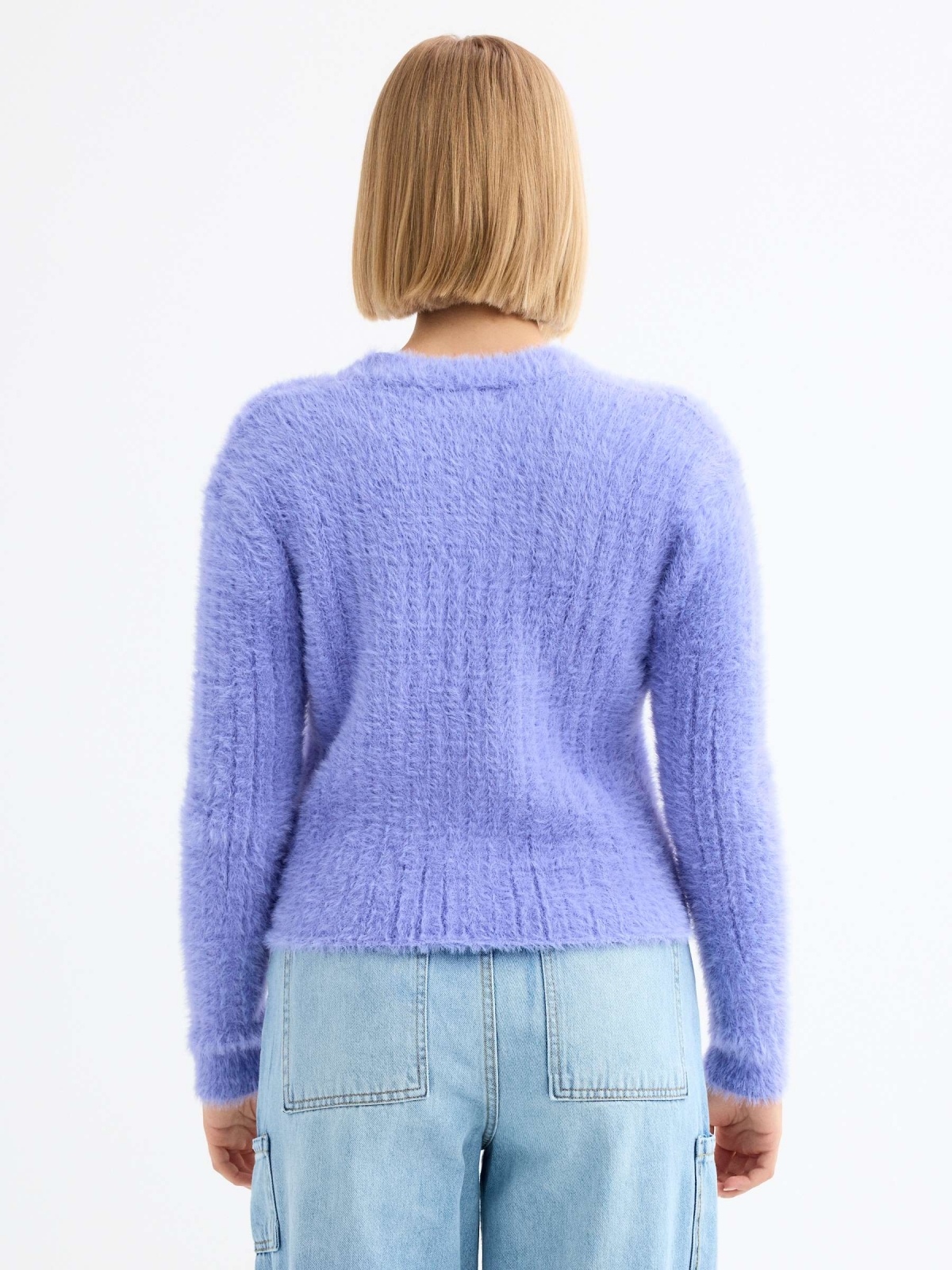 Fur-effect knitted cardigan lilac middle back view