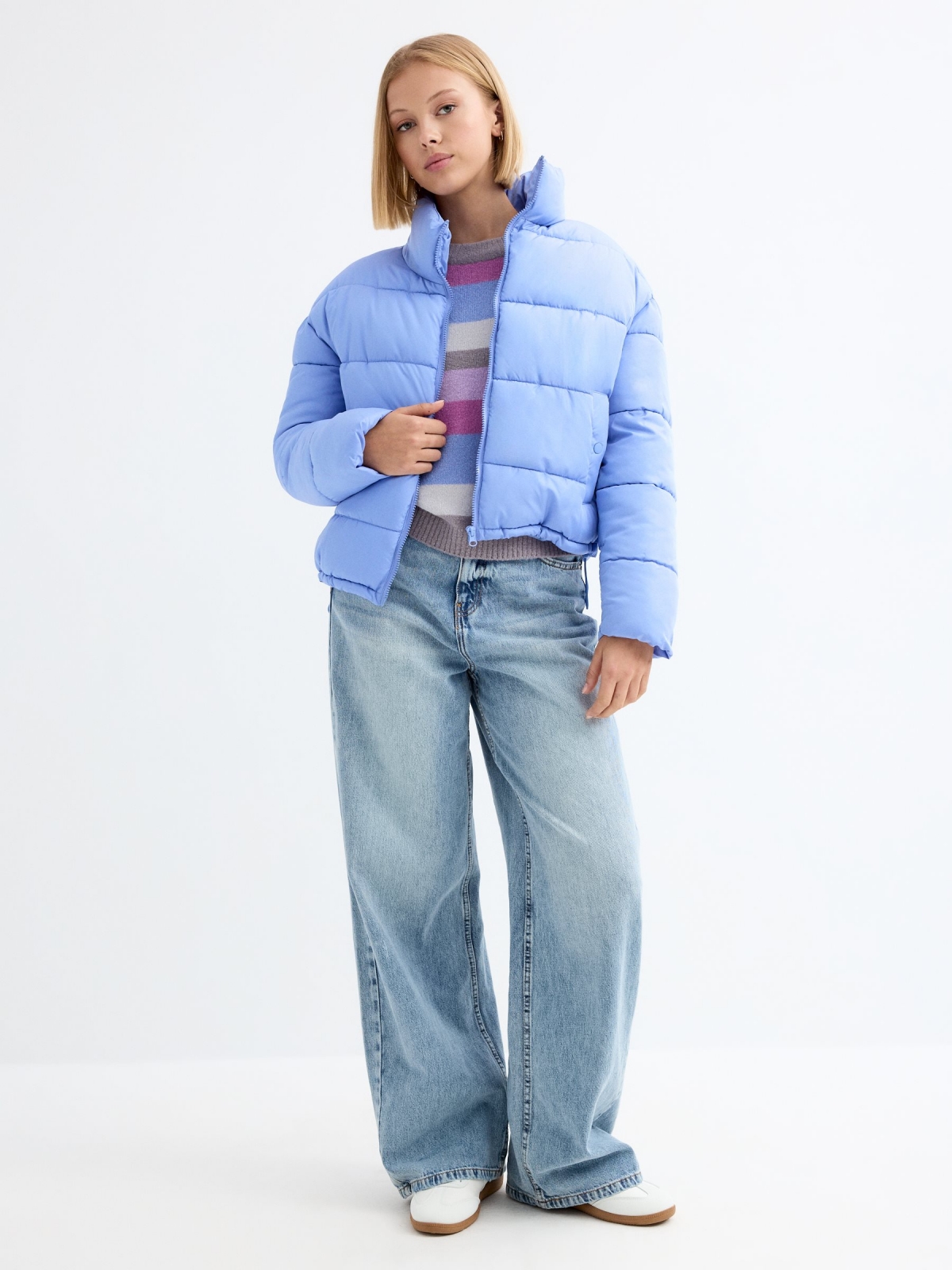 Oversized crop coat blue general front view