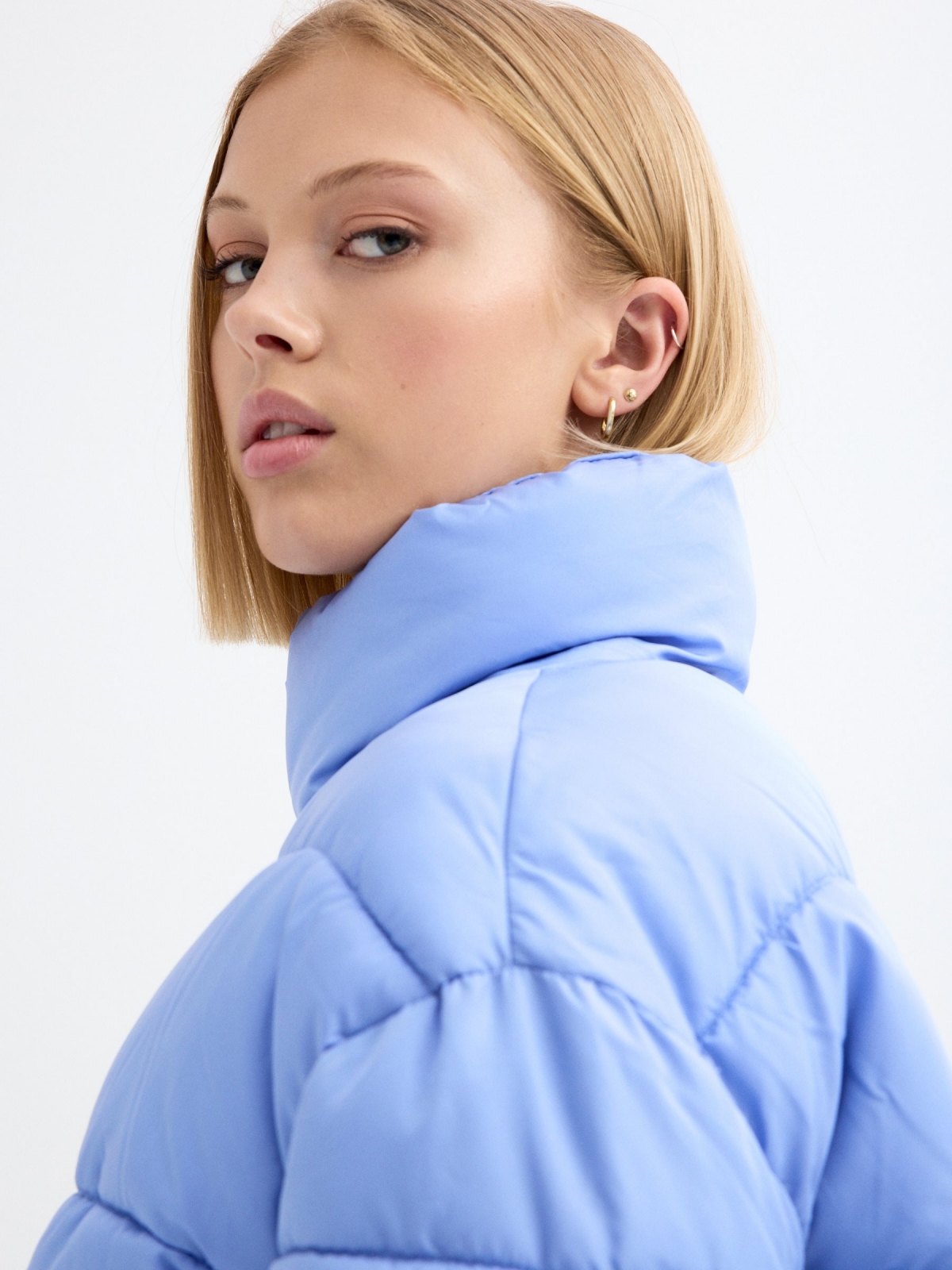 Oversized crop coat blue detail view