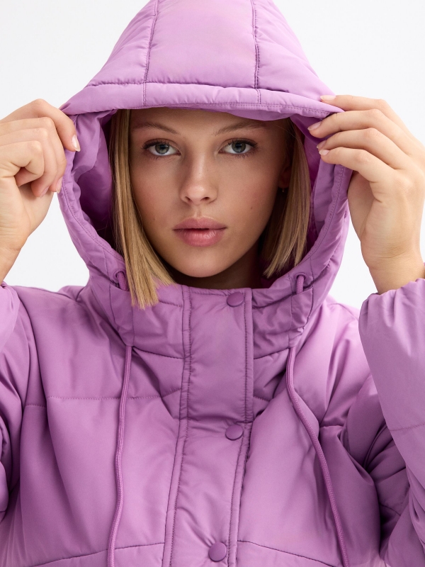 Quilted coat with hood purple detail view