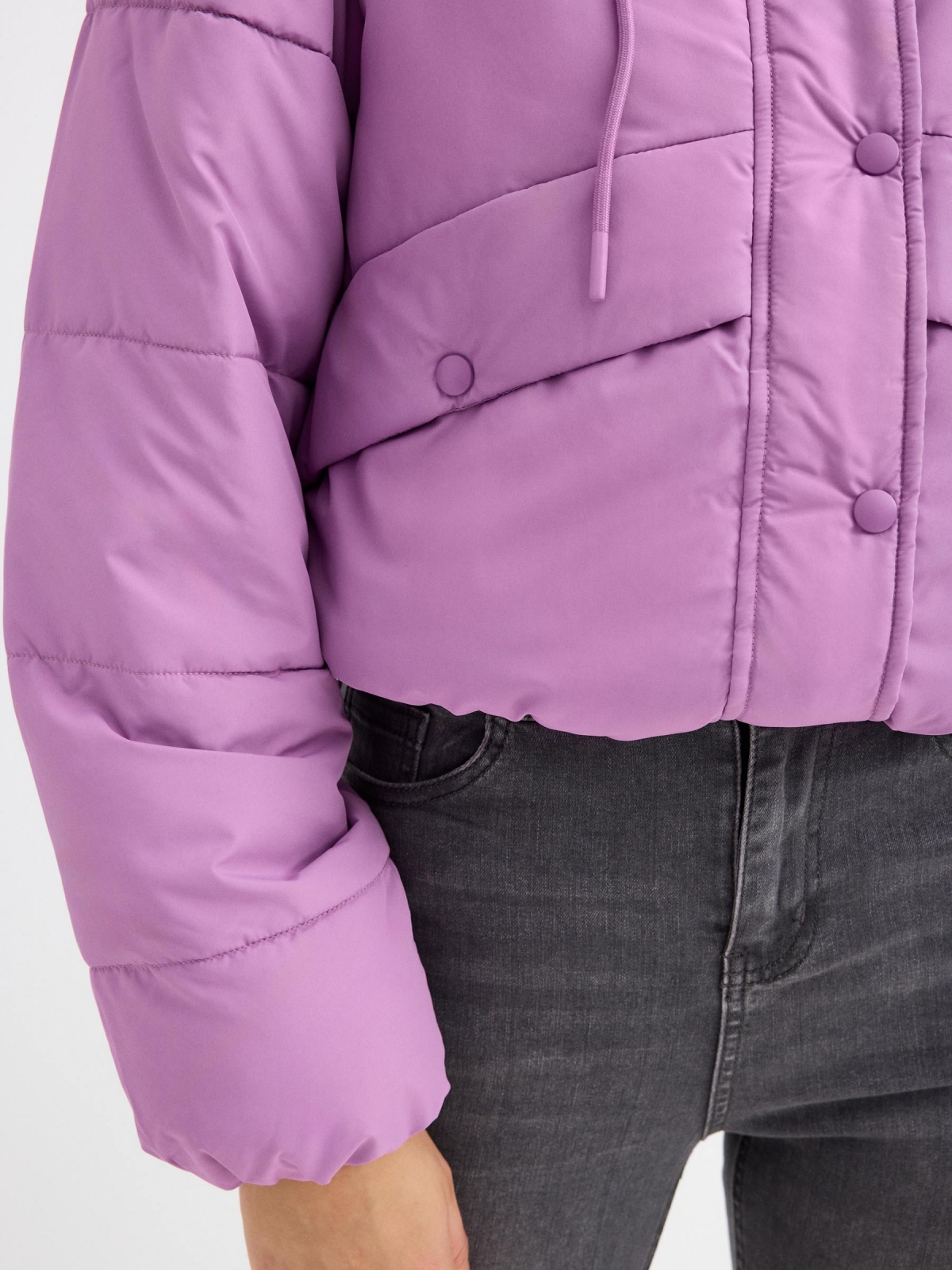 Quilted coat with hood purple detail view