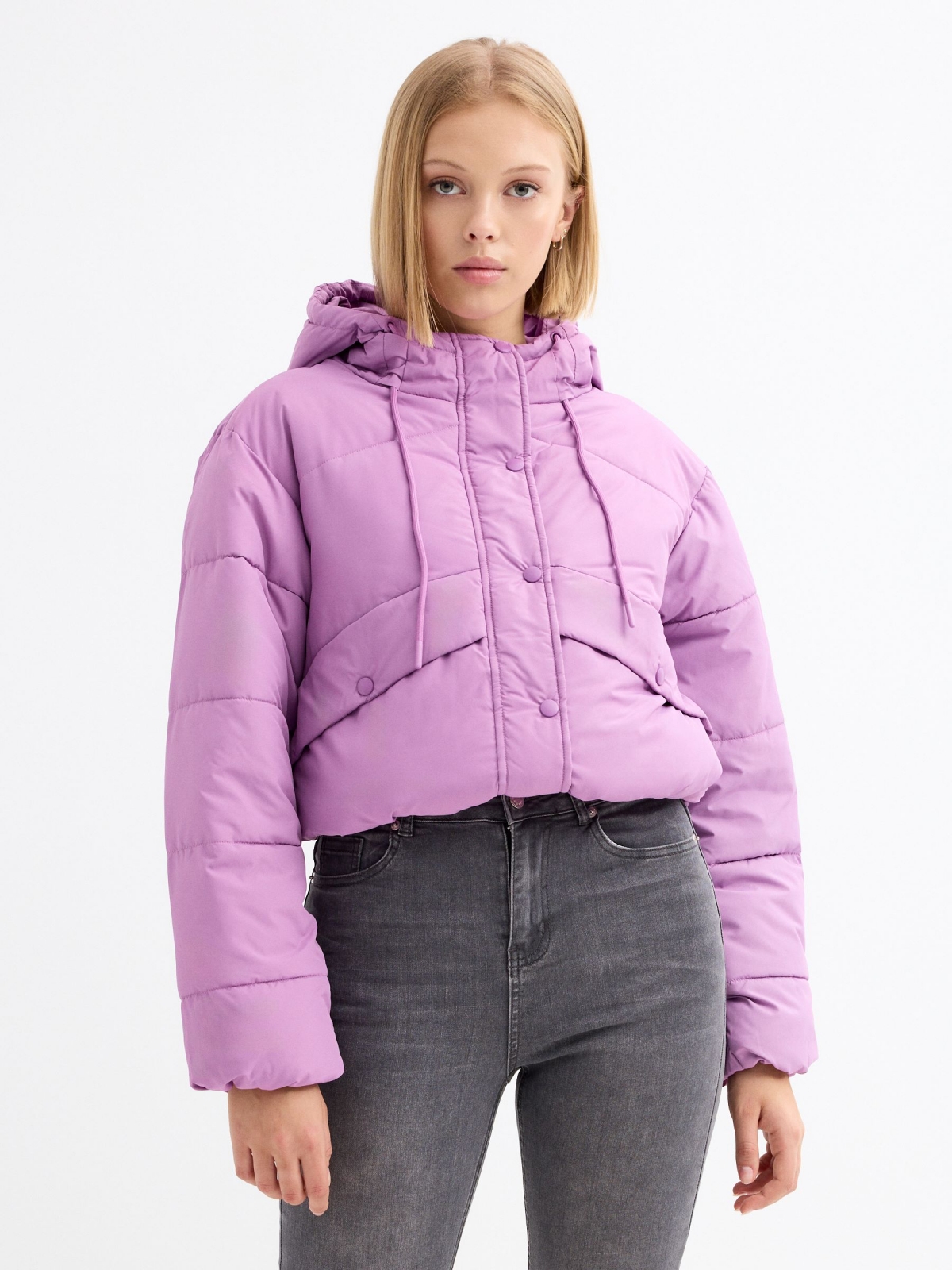 Quilted coat with hood purple detail view