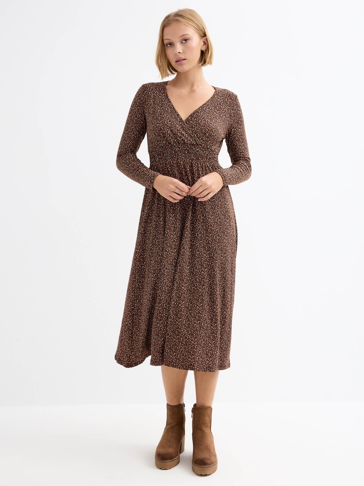 Animal print midi crossover dress chocolate three-quarter front view