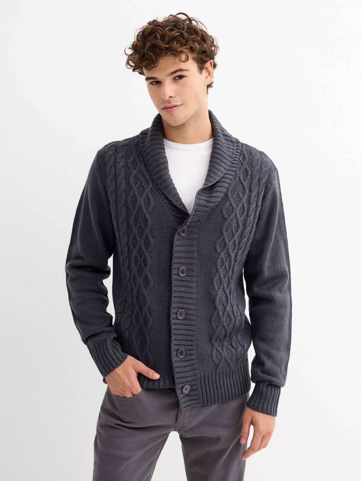 Knitted jacket stone grey middle front view