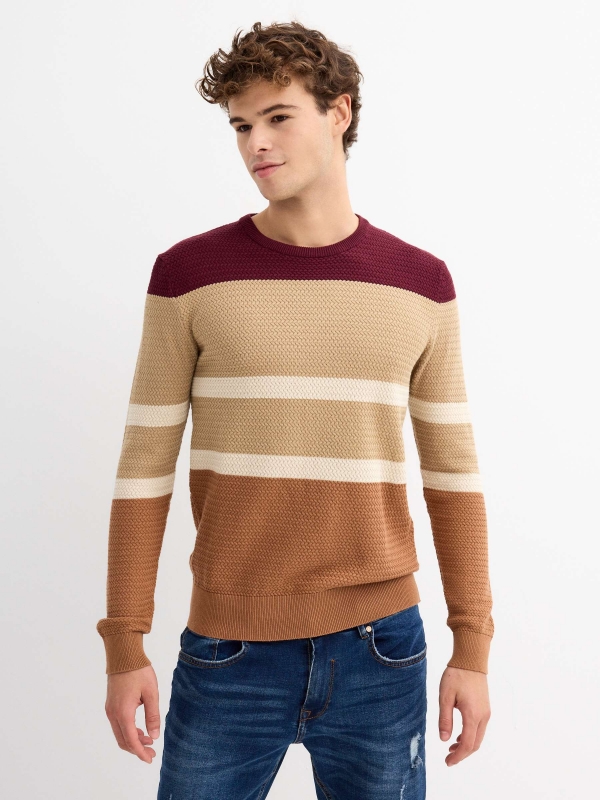 Regular sweater color block stripes burgundy middle front view