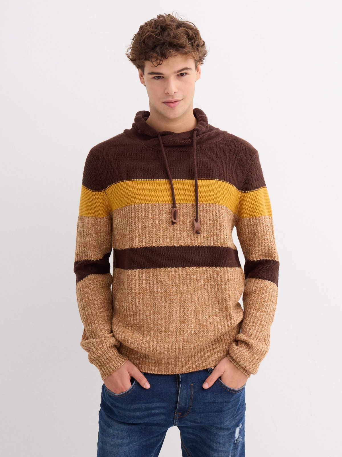 Striped sweater with collar chocolate middle front view