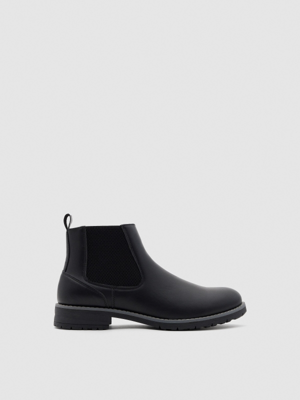 Black faux leather Chelsea boots black profile view