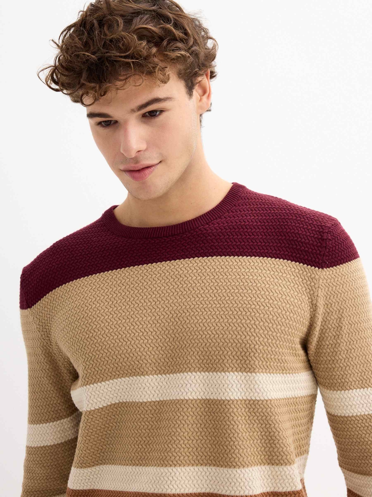 Regular sweater color block stripes burgundy detail view