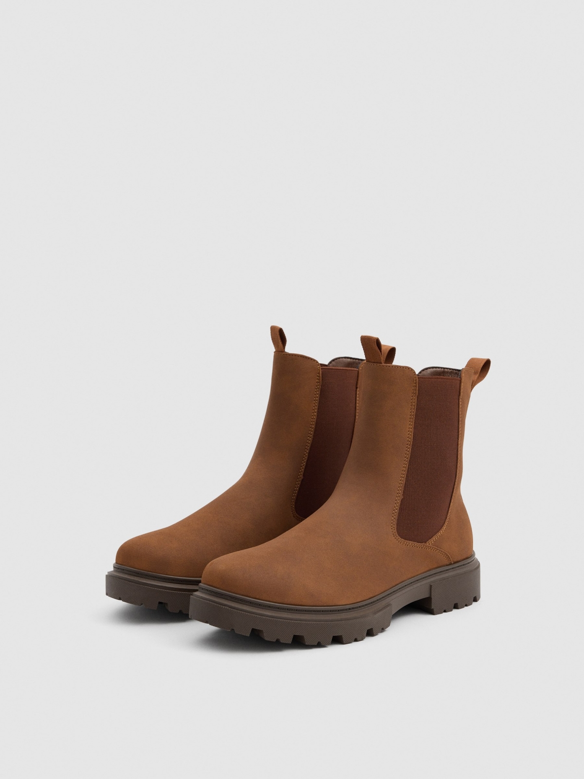 Brown faux leather Chelsea boots45º front view