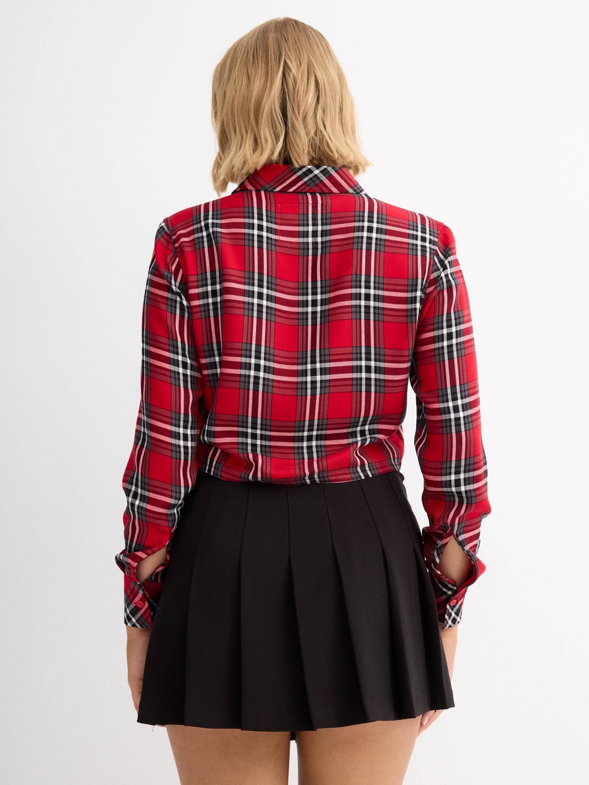 Red plaid crop shirt red middle back view