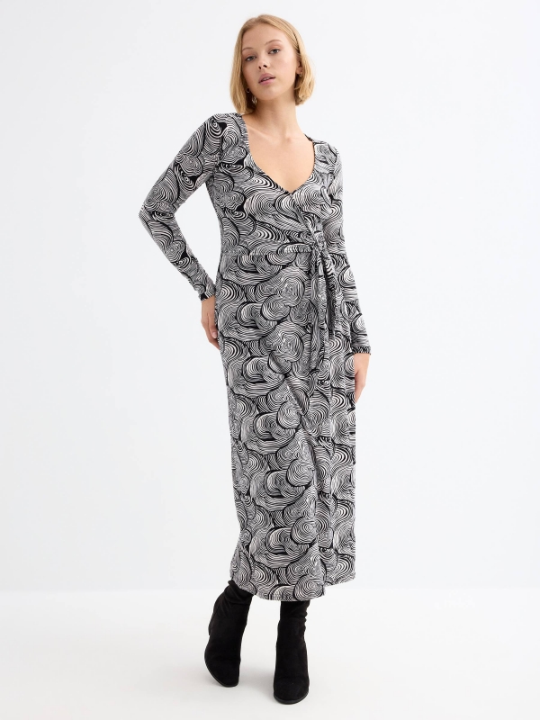 Printed knot crossover midi dress black three-quarter front view