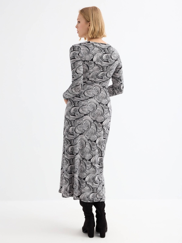 Printed knot crossover midi dress black three-quarter back view