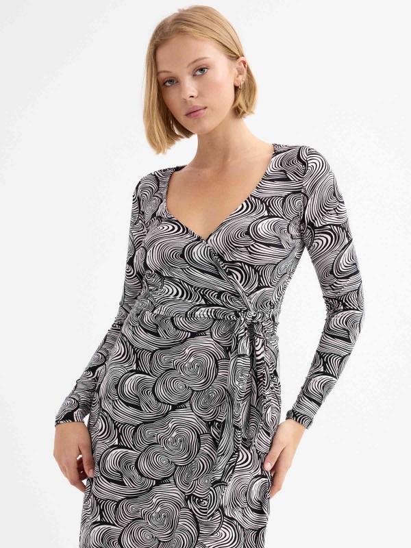 Printed knot crossover midi dress black general front view