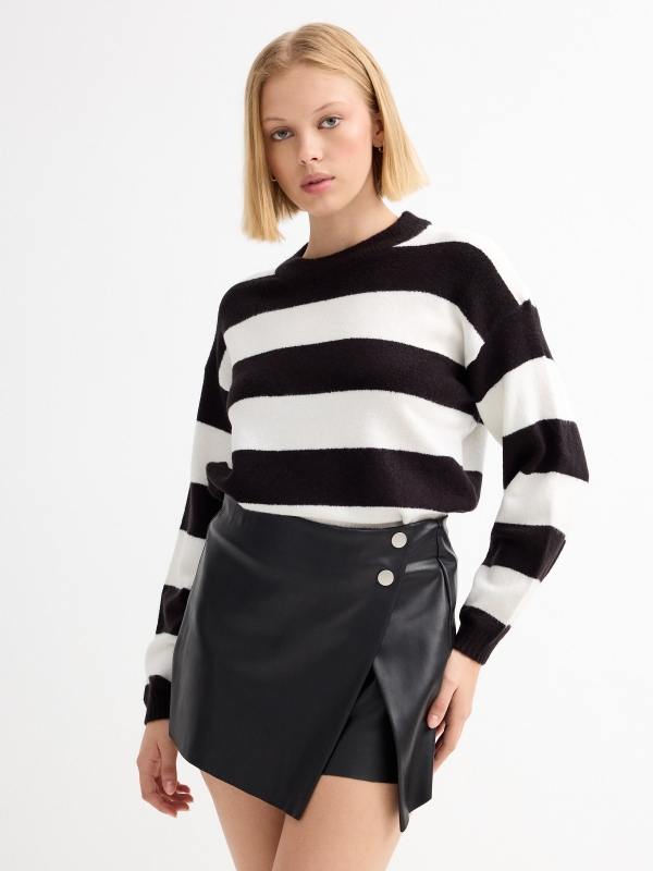 Black and white striped jumper black middle front view