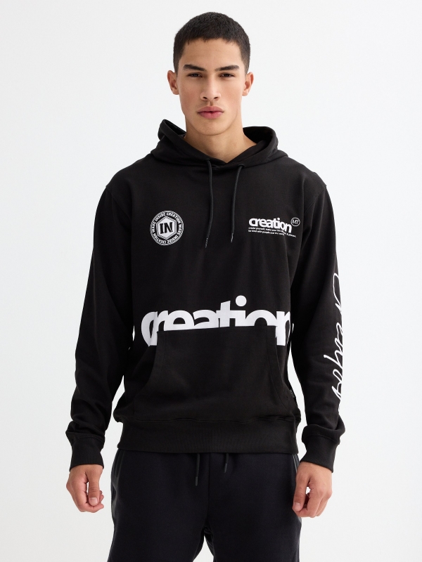 Black printed hoodie black middle front view