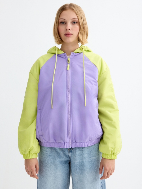 Hooded text padded jacket lilac middle front view